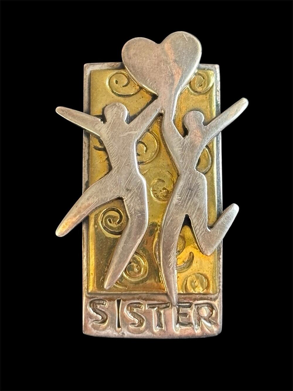 Sterling Silver Brass Sister Lapel Pin Brooch Far Fetched 925